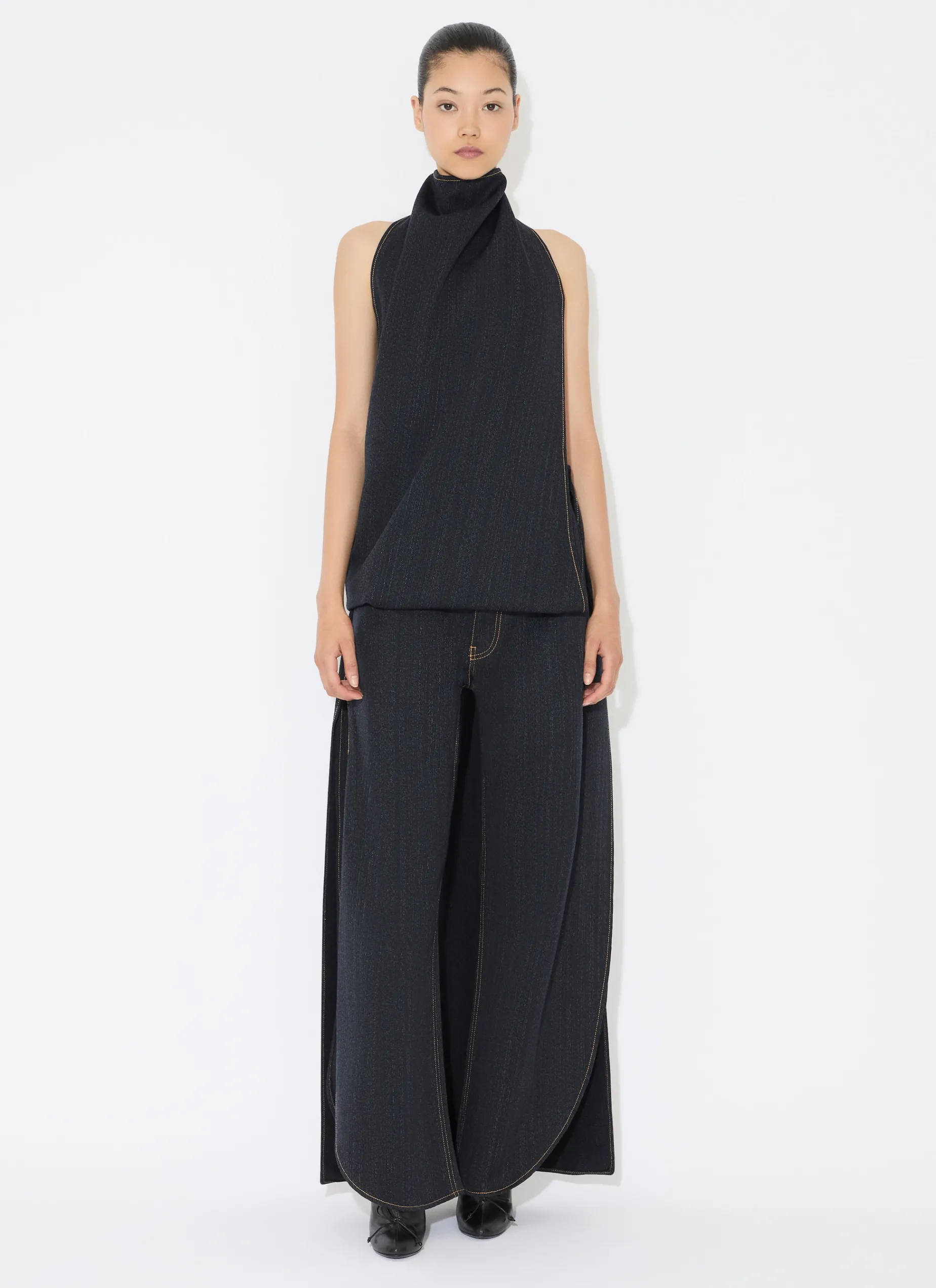ASYMMETRICAL CAPE TOP IN WOOL DENIM