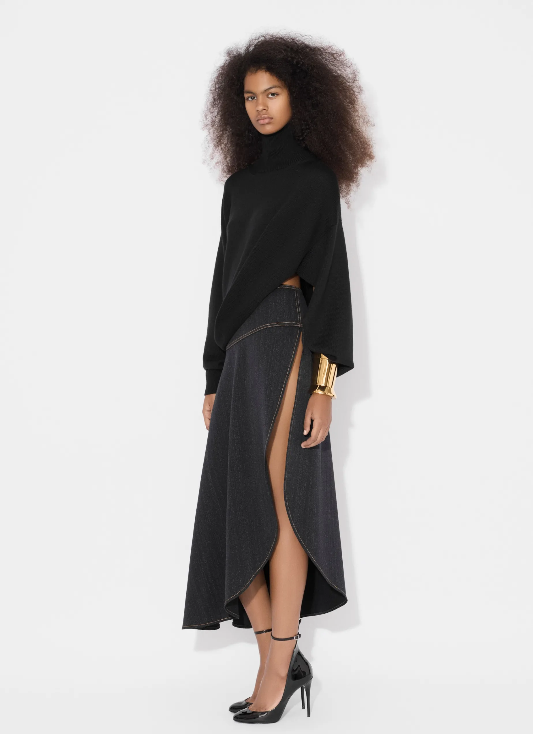 ASYMMETRICAL SKIRT IN WOOL DENIM