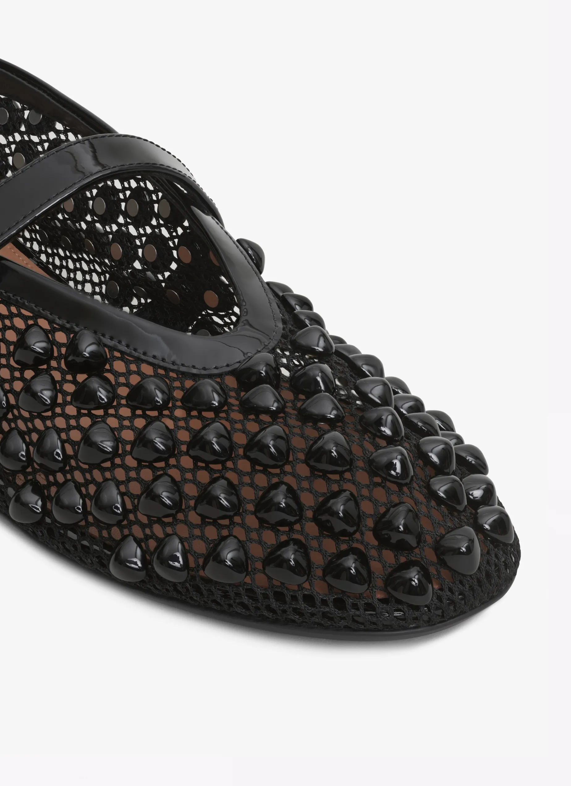 BALLET FLATS WITH STUDS ON FISHNET