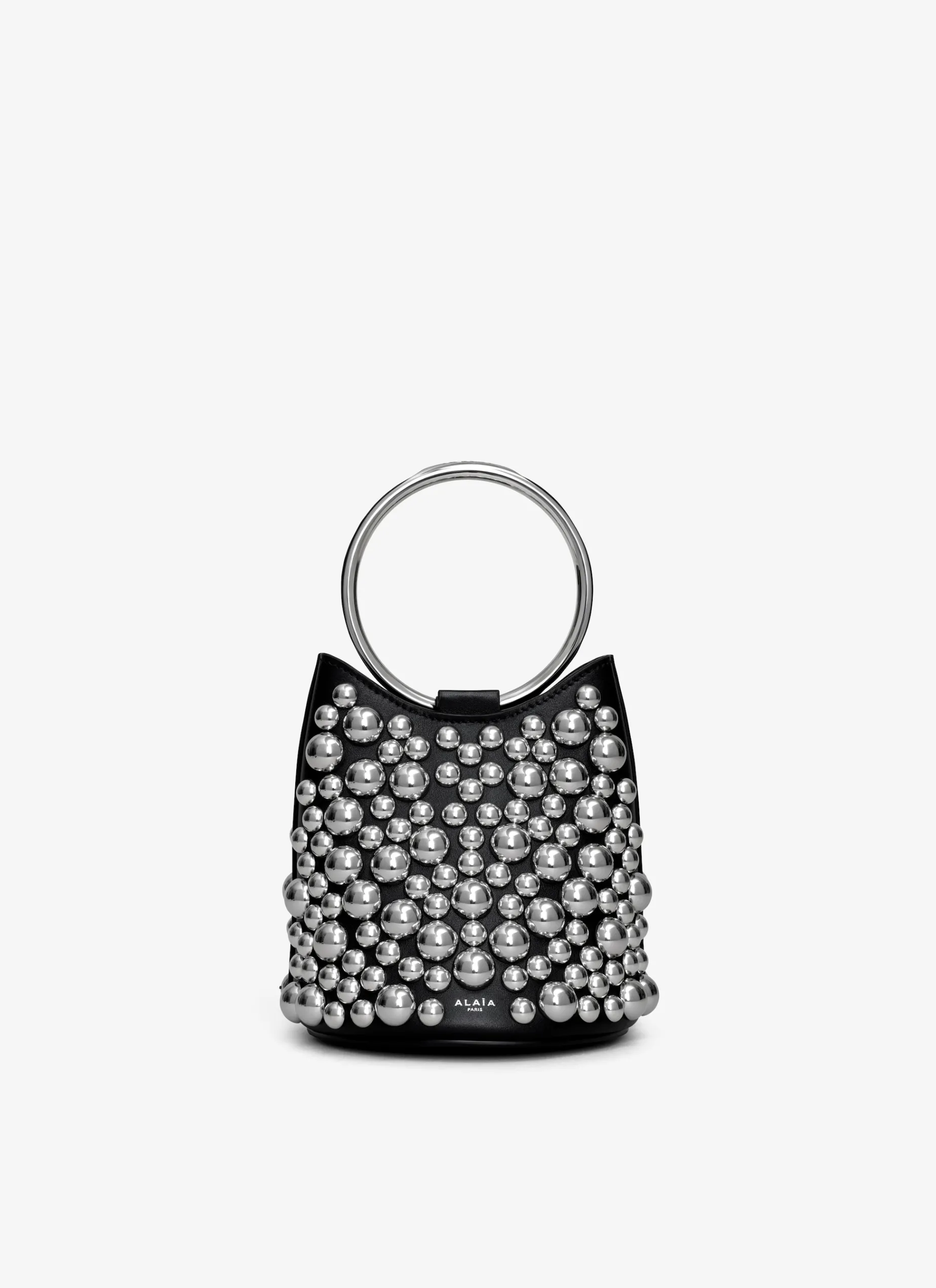 RING MINI BUCKET BAG WITH SPHERES ON CALFSKIN