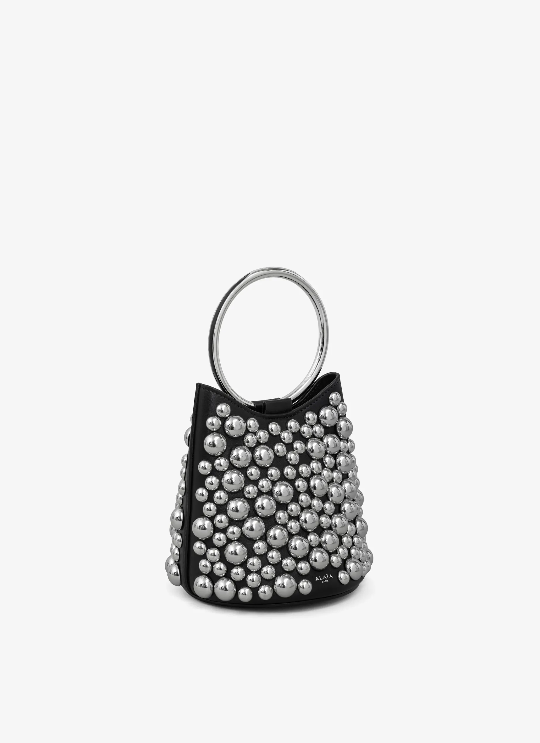 RING MINI BUCKET BAG WITH SPHERES ON CALFSKIN